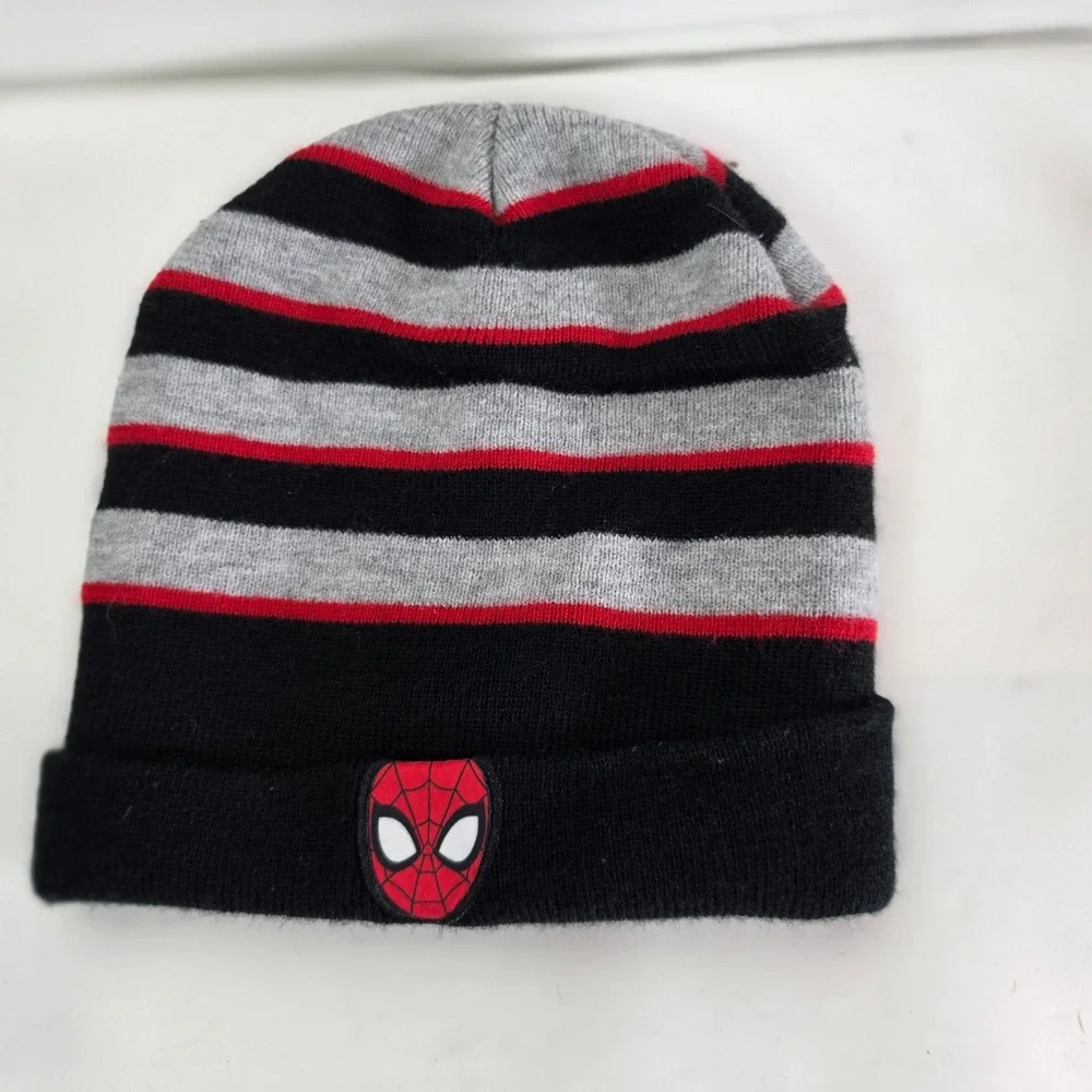Marvel Spider-Man Youth Beanie Hat Red Black Grey Striped Knit Cap RN 14750 OSFM